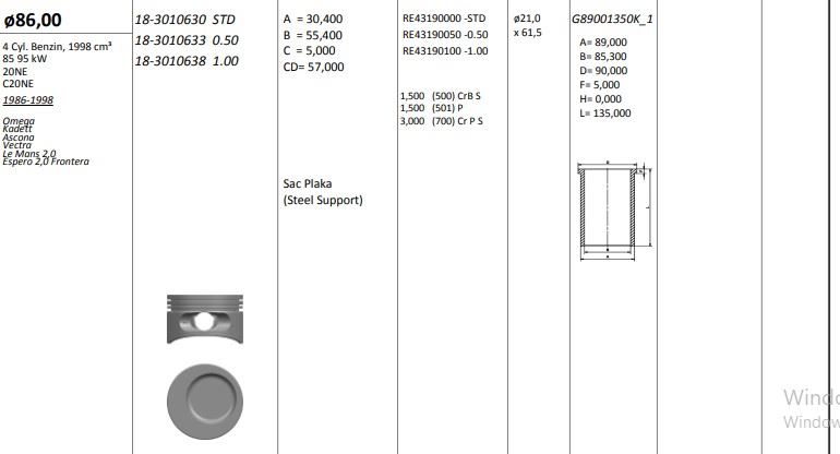 PISTON 86.00 MM ( 1.00) OPEL VECTRA A OMEGA A FRONTERA A 2.0 C20NE 20NE (RIKEN SEGMANLI)
