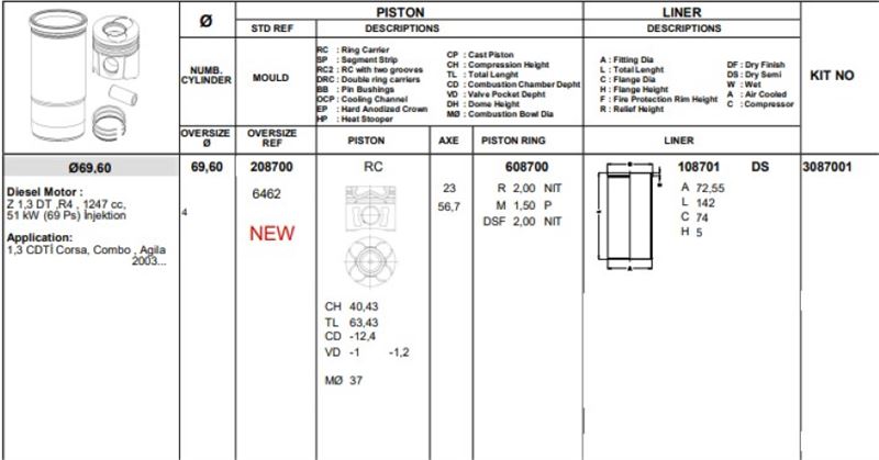 PISTON 69.60 MM (+100 MM) OPEL CORSA C COMBO C CORSA D 1.3 CDTI FIAT DOBLO ALBEA PALIO 1.3 MTJ Z13DT (70 HP) (EURO 4) (0.20 KISA)