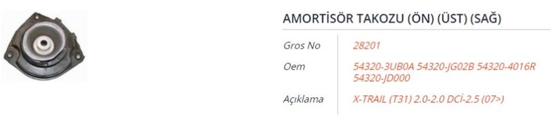 AMORTISOR TAKOZU (ON) (UST) (SAG) NISSAN QASHQAI I (J10-JJ10) 1.5 DCI-1.6-2.0 07-14 X-TRAIL (T31) 2.0-2.0 DCI-2.5 07-14